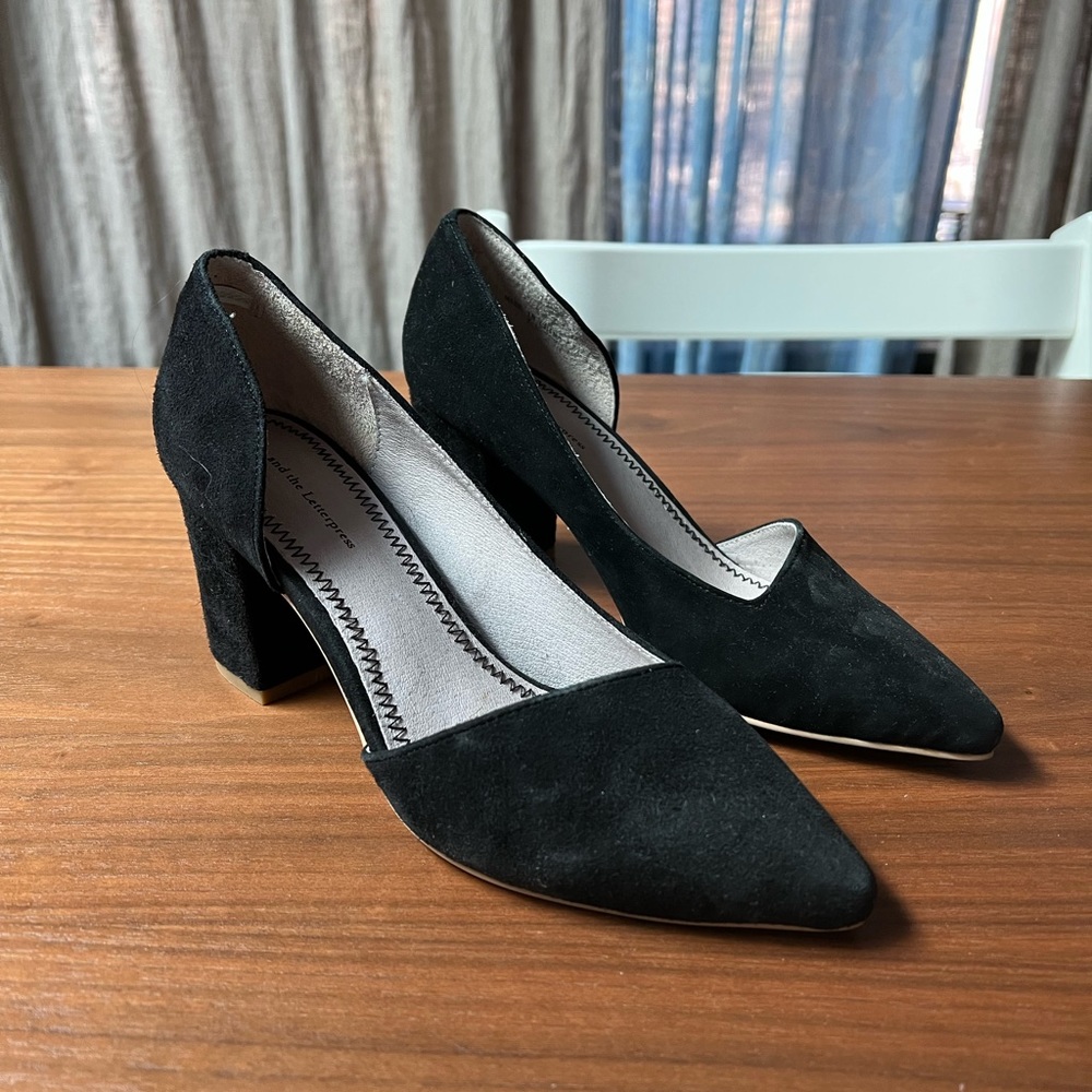 Pilcro and the Letterpress Black Suede Heels